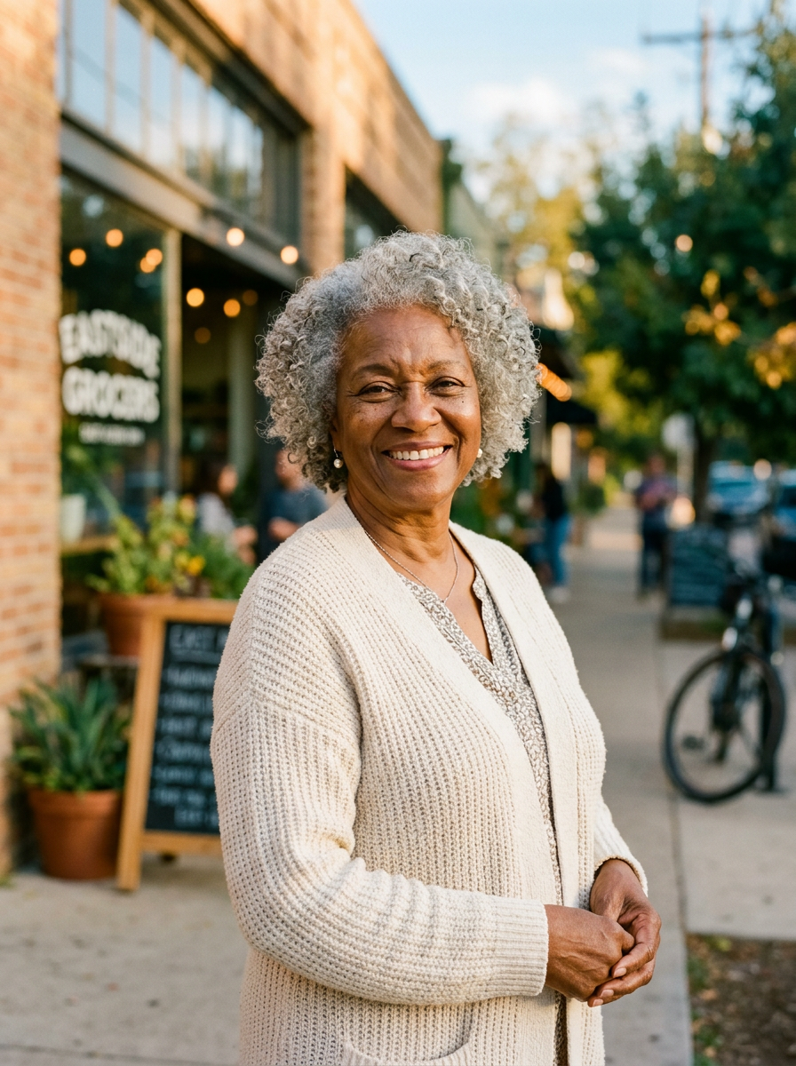 A smiling senior member of the DFW community outside a local neighborhood shop.